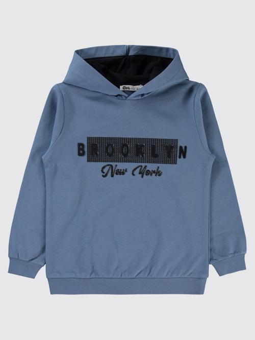 Brooklyn Baskılı Kapşonlu 6-9 Yaş Sweatshirt - Mavi9-10 Yaş