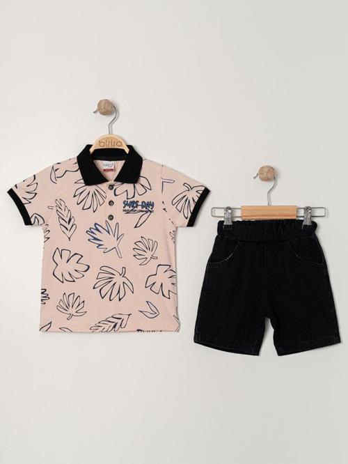 Bizio Yaprak baskılı Polo Yaka 2-5 Yaş Takım - Pudra2-3 Yaş