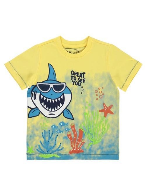 Köpek Balığı Baskılı Gözlük Nakışlı 2-5 Yaş Tişört - Sarı5-6 Yaş