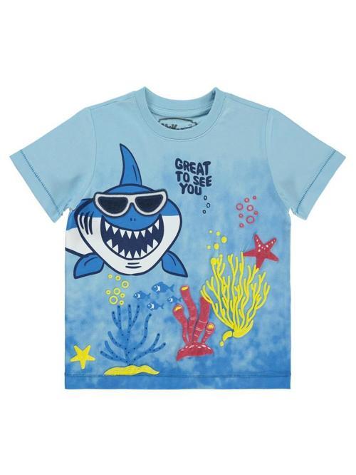 Köpek Balığı Baskılı Gözlük Nakışlı 2-5 Yaş Tişört - Mavi3-4 Yaş