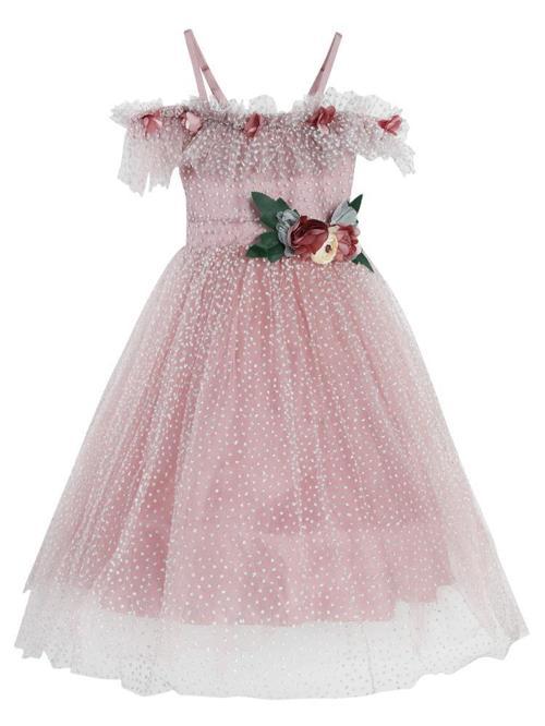Çiçek Aksesuarlı 2-5 Yaş Abiye - Pudra4-5 Yaş