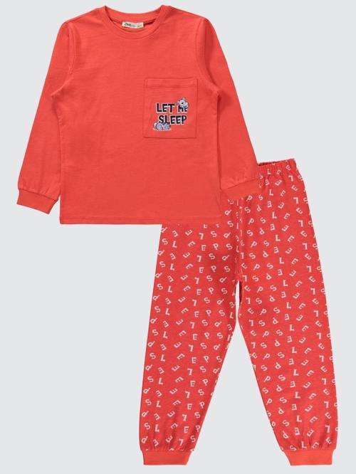 Harfler Baskılı Cepli 6-9 Yaş Pijama Takımı - Kırmızı9-10 Yaş