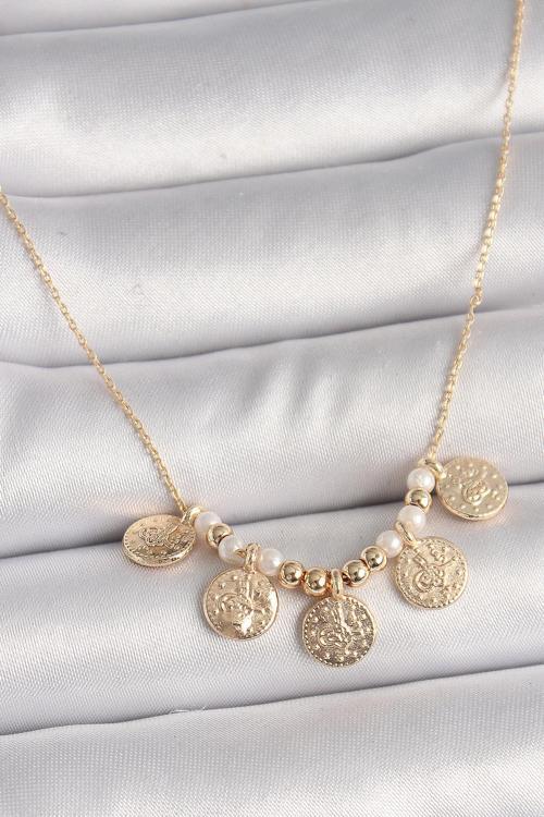 Pirinç Gold Renk 5 Li Osmanlı Tuğra Figür İnci Detay Kadın Kolye