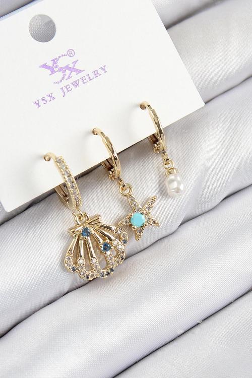 Pirinç Zirkon Taşlı 3 lü İstiridye Ve Yıldız Model Gold Renk Kadın Küpe