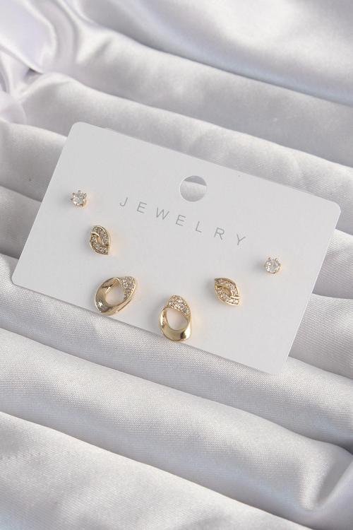 Pirinç Gold Renk Zirkon Taşlı Yaprak Model Küpe Seti