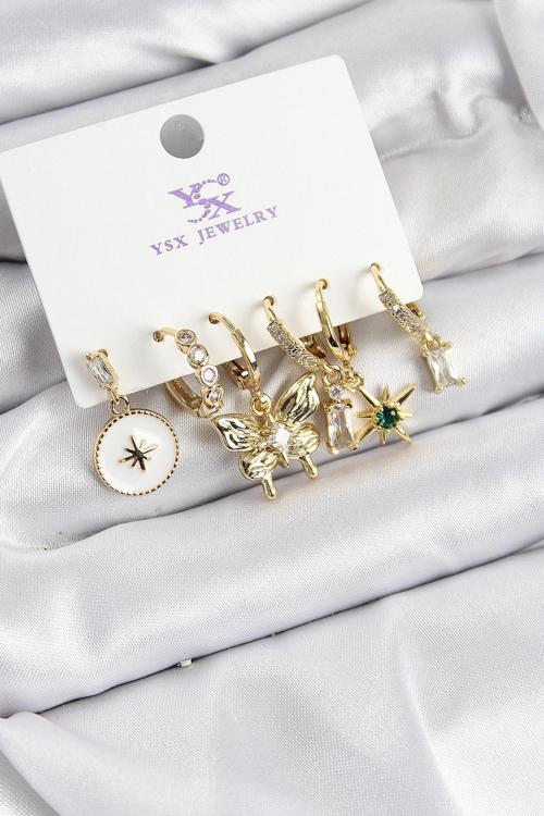 Pirinç Zİrkon Taşlı Kelebek ve Yıldız Model Gold Renk 3 lü Çift Kadın Küpe