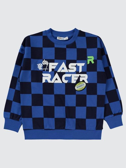 Renkli Dama Empirme Racer Baskılı 6-9 Yaş Sweatshirt - Mavi6-7 Yaş