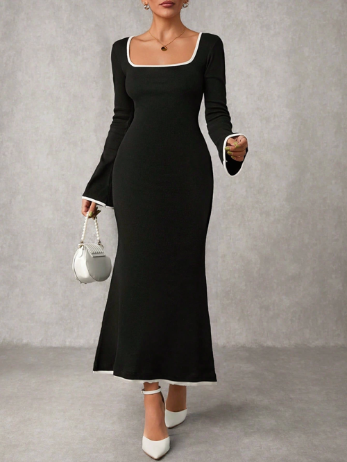 Biyeli uzun elbise siyah