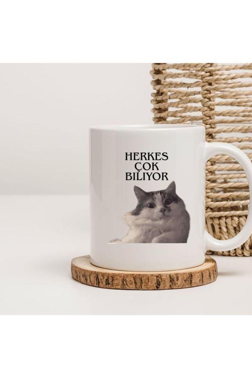Herkes Çok Biliyor Kedili Baskılı Kupa Bardak