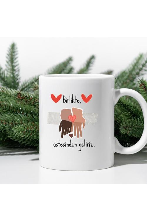 Birlikte, Üstesinden Geliriz İllüstratif Kalpli Kupa Bardak Sevgililer Günü Hediye Kupa Bardak