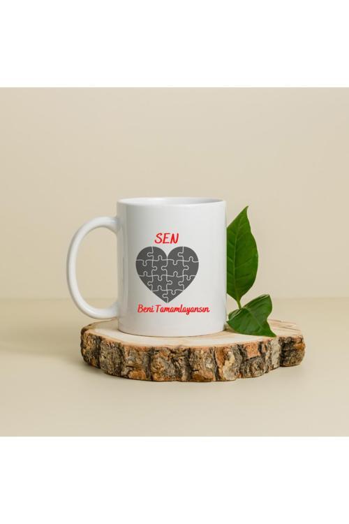 Sen Beni Tamamlayansın Yazılı Kalp Puzzle Baskılı Kupa Bardak Sevgiliye Hediye