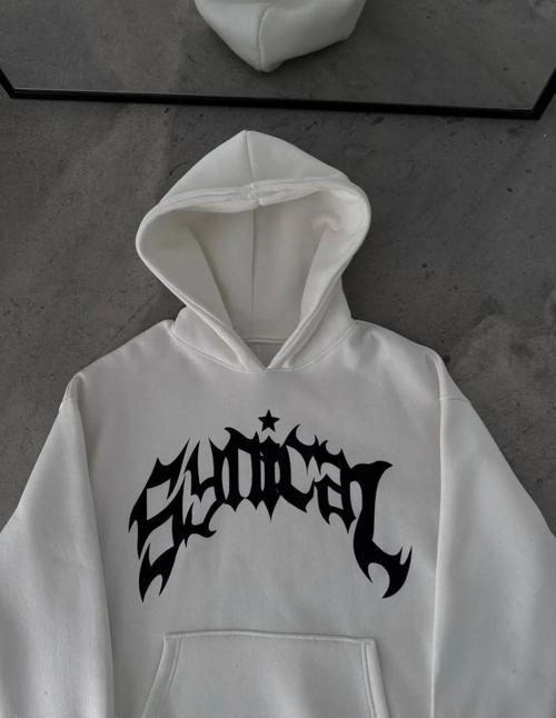 Kışlık Kapüşonlu Baskılı Oversize SweatShirt- Beyaz
