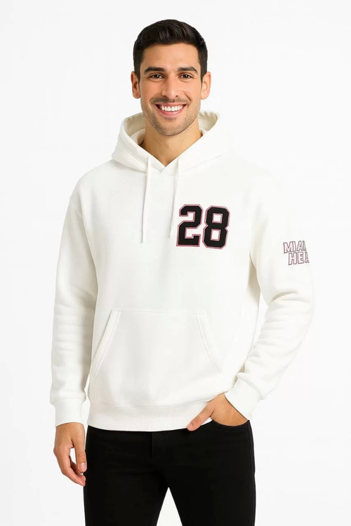 Üç İplik Kapüşonlu Ön ve Arka Baskılı SweatShirt hoodie - Beyaz