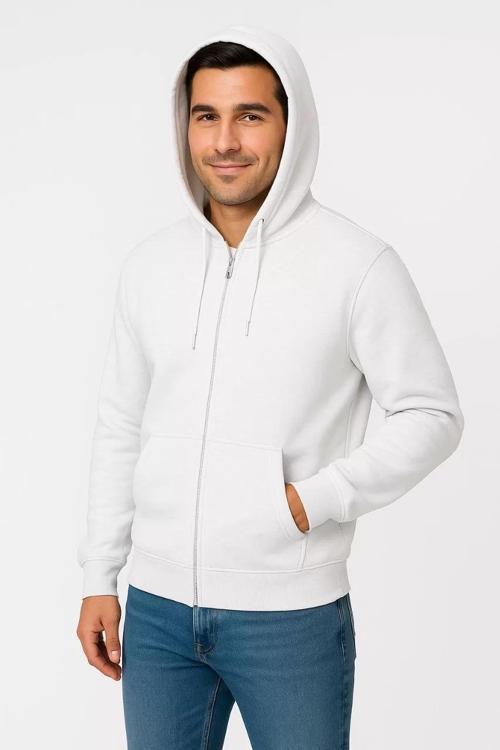 Erkek Üç İplik Kapüşonlu Tam Fermuarlı Kanguru Çepli SweatShirt Hoodie - Beyaz