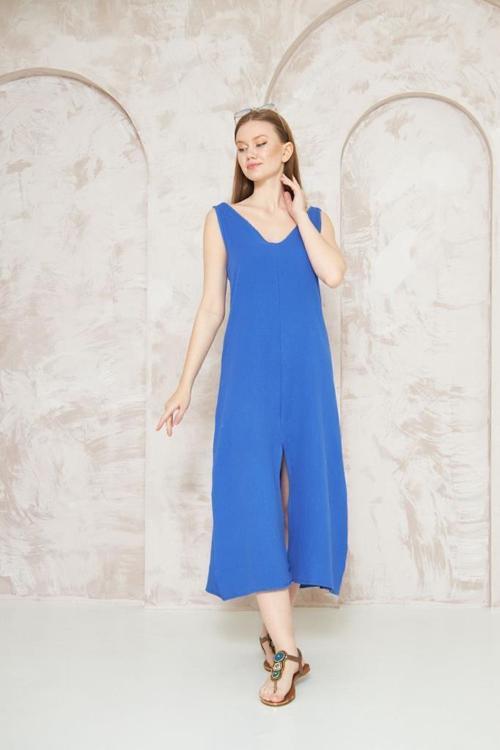 Kadın Oversize Müslin Derin V Yaka Askılı Kolsuz Yırtmaçlı Uzun Günlük Elbise 3419300