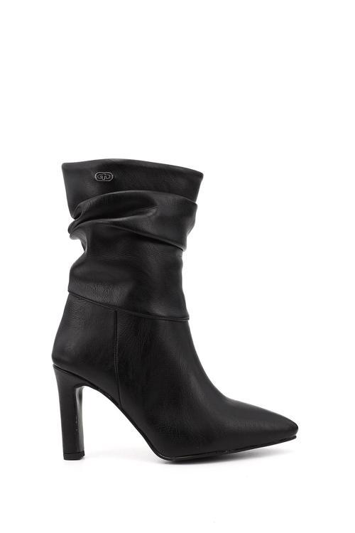 Kadın Siyah Sivri Burun Körüklü İnce Topuklu Çizme