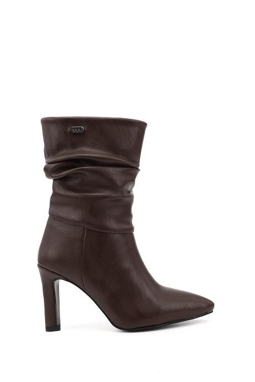 Kadın Kahverengi Sivri Burun Körüklü İnce Topuklu Çizme