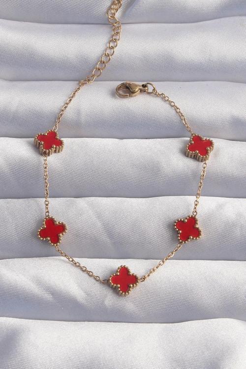 316L Çelik Baby Boy Gold Renk Kırmızı Mineli Yonca Bileklik 6274