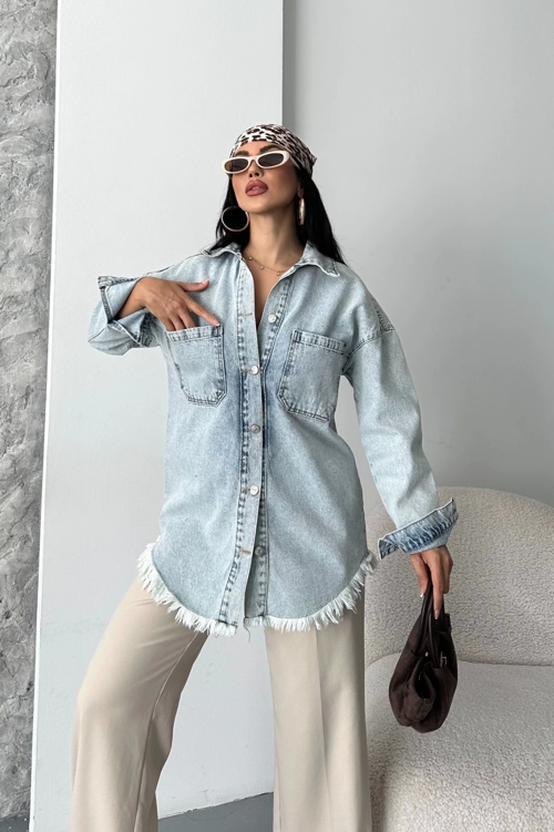 Cepli püsküllü kar yıkama kot ceket mavi d2515