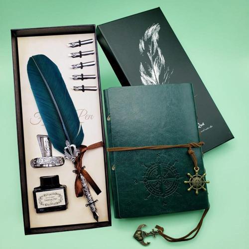 Deri Defter ve Tüylü Mürekkepli Kalem Seti Yeşil