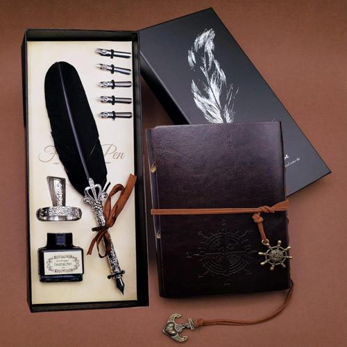 Tüylü Kalem ve Deri Defter Set 646