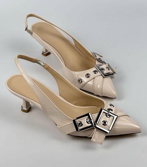 Feles Şeker Topuklu Çift Toka Detaylı Arkası Açık Stiletto Kadın Kısa Topuklu Ayakkabı