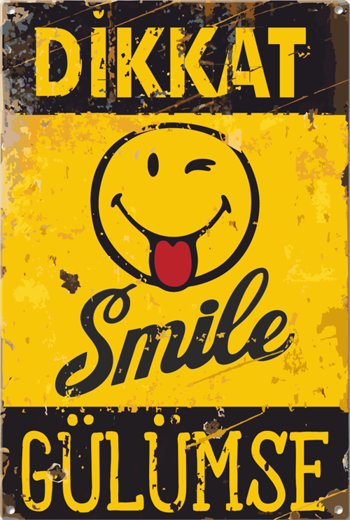 Dikkat Smile Emoji Dgülümse Uyarı Levhası Retro Ahşap Poster-