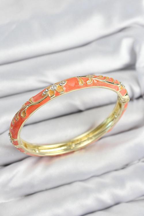 Mineli Pirinç Zirkon Taşlı Turuncu Çiçek Motifli Gold Kadın Kelepçe