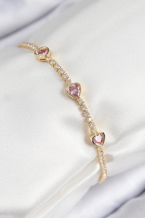 Pirinç Zirkon Taşlı Pembe Kalp Model Gold Renk Kadın Bileklik