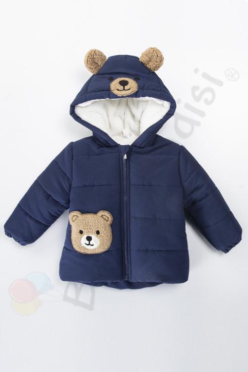 Ayıcıklı İçi Peluş Kürklü Fermuarlı Kapitone Kapüşonlu Kar Şişme Kışlık Erkek Bebek Mont Çocuk Kaban