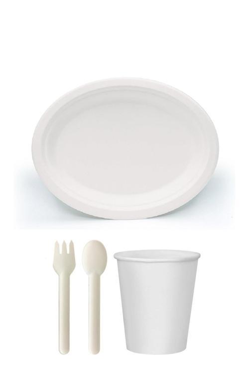 Ekolojik 48 Kişilik Parti Piknik Sofra Sunum Seti - 28x20 Cm. Oval Tabak Bardak Çatal Kaşık Takımı