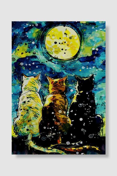 Starry Night Cat  Popart Poster Dekoratif Modern Sanatsal Duvar Poster