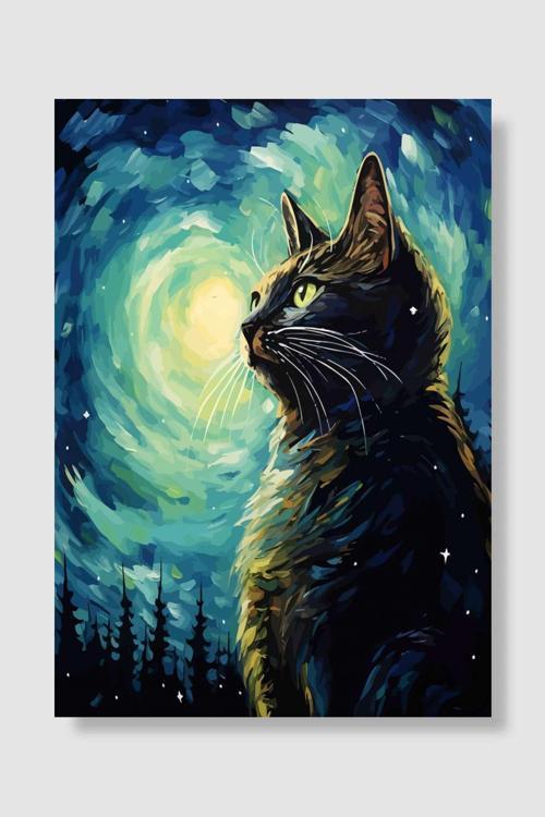 Starry Night Cat  Popart Poster Dekoratif Modern Sanatsal Duvar Poster