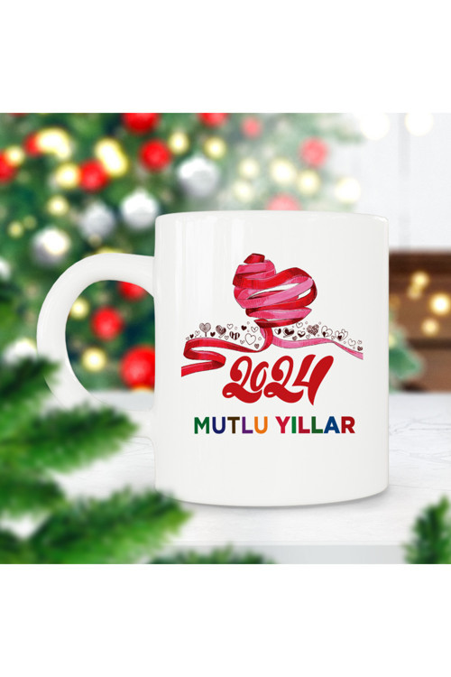 Art hedi̇ye 2024 Mutlu Yıllar Kalpler Kalp Yılbaşı Hediyesi Baskılı Kupa Bardak