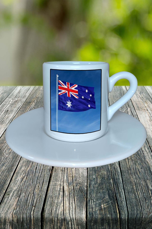 Australia Ülke Bayrağı Bayrak Baskılı Türk Kahvesi Fincanı Tabaklı Kişiye Özel Model 2