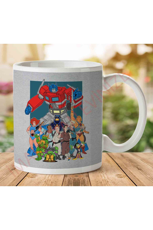 Art hedi̇ye 1-731 80s Cartoon Heroes Optimus Prime Ghostbusters İki Tarafı Baskılı Kupa Bardak.jpg