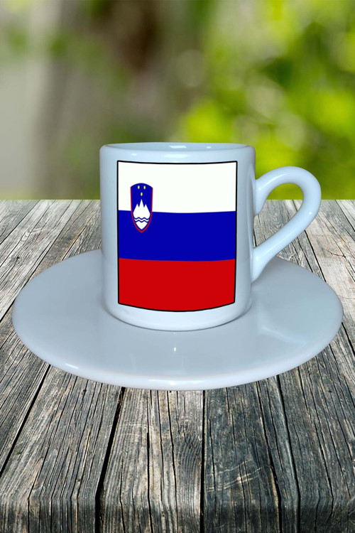 Slovenya Ülke Bayrağı Bayrak Baskılı Türk Kahvesi Fincanı Tabaklı Kişiye Özel Model 1