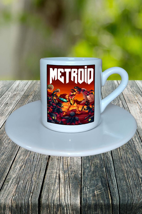 metroid Oyun Baskılı Türk Kahvesi Fincanı Tabaklı Kişiye Özel Model 1