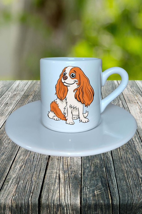 Cavalier King Charles Köpek Baskılı Türk Kahvesi Fincanı Tabaklı Kişiye Özel Model 2