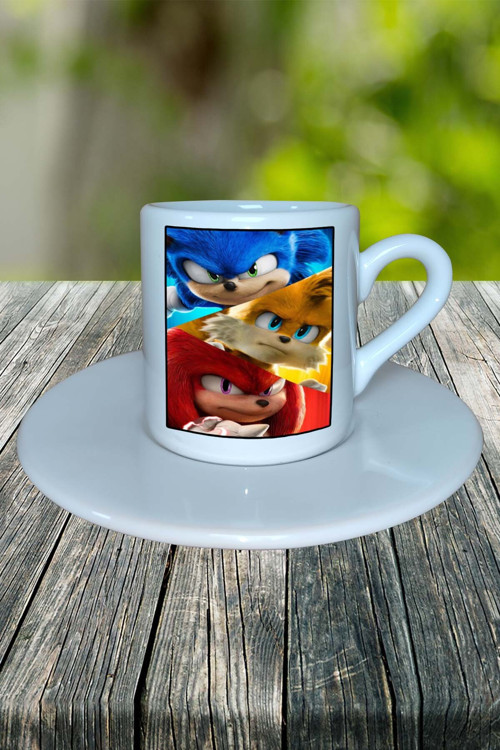 sonic Oyun Baskılı Türk Kahvesi Fincanı Tabaklı Kişiye Özel Model 3