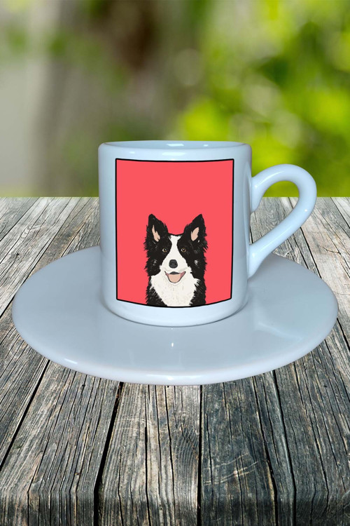 Border Collie Köpek Baskılı Türk Kahvesi Fincanı Tabaklı Kişiye Özel Model 3