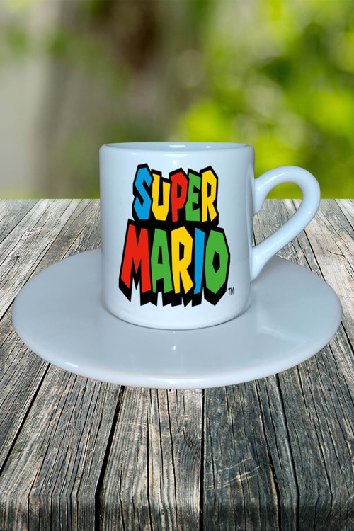 Super Mario Oyun Baskılı Türk Kahvesi Fincanı Tabaklı Kişiye Özel Model 1