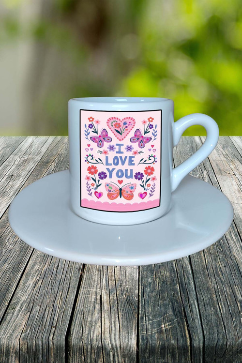 Sevgililer günü sevgili Baskılı Türk Kahvesi Fincanı Tabaklı Kişiye Özel i love you Model 4