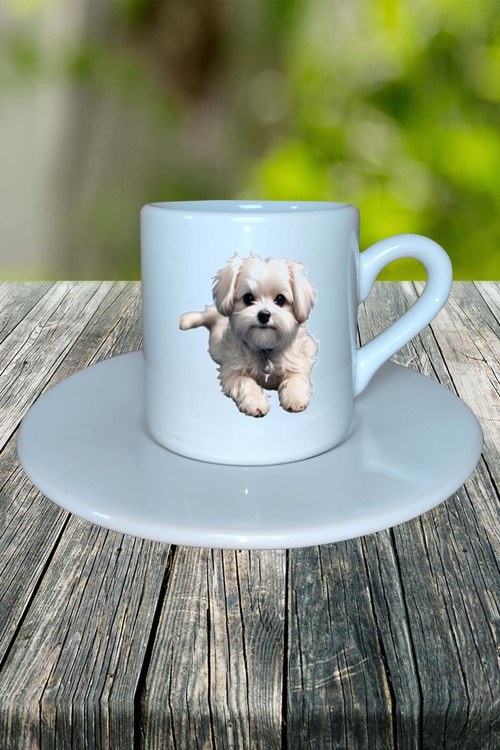 Maltese Terrier Köpek Baskılı Türk Kahvesi Fincanı Tabaklı Kişiye Özel Model 9