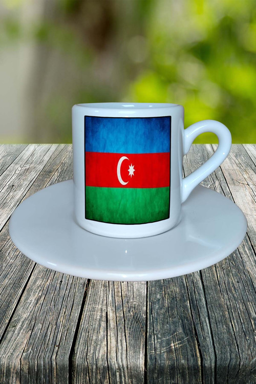Azerbaycan Ülke Bayrağı Bayrak Baskılı Türk Kahvesi Fincanı Tabaklı Kişiye Özel Model 7