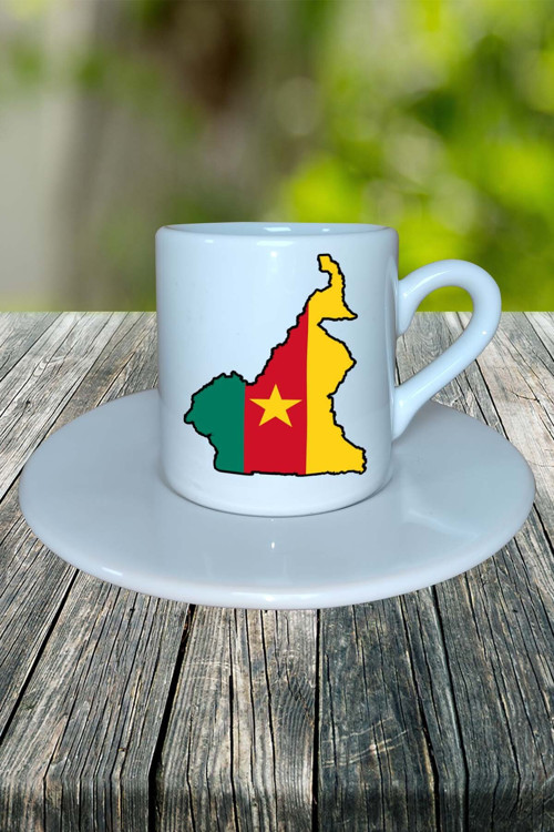 Kamerun Ülke Bayrağı Bayrak Baskılı Türk Kahvesi Fincanı Tabaklı Kişiye Özel Model 1