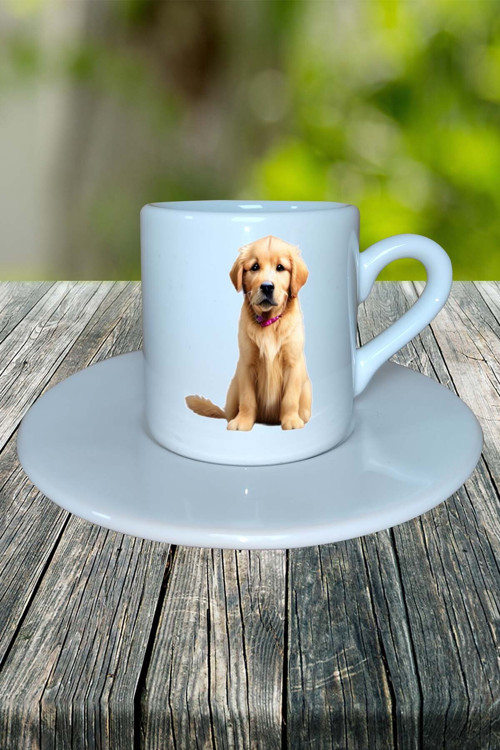 Golden Retriever Köpek Baskılı Türk Kahvesi Fincanı Tabaklı Kişiye Özel Model 11