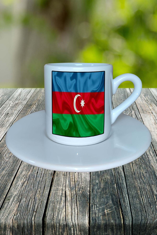 Azerbaycan Ülke Bayrağı Bayrak Baskılı Türk Kahvesi Fincanı Tabaklı Kişiye Özel Model 9