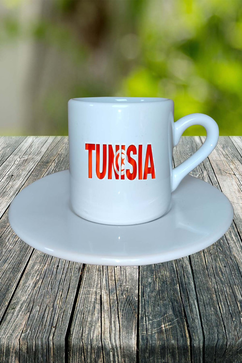 Tunus Ülke Bayrağı Bayrak Baskılı Türk Kahvesi Fincanı Tabaklı Kişiye Özel Model 2