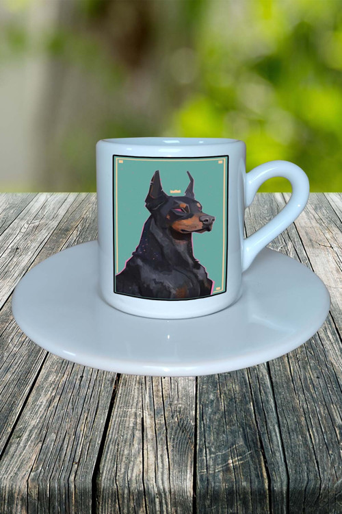 Doberman Köpek Baskılı Türk Kahvesi Fincanı Tabaklı Kişiye Özel Model 3